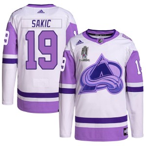 Joe Sakic Men's Adidas Colorado Avalanche Authentic White/Purple Hockey Fights Cancer 2022 Stanley Cup Champions Jersey