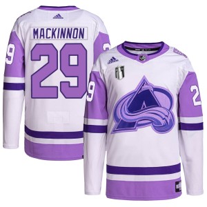 Nathan MacKinnon Men's Adidas Colorado Avalanche Authentic White/Purple Hockey Fights Cancer Primegreen 2022 Stanley Cup Final P