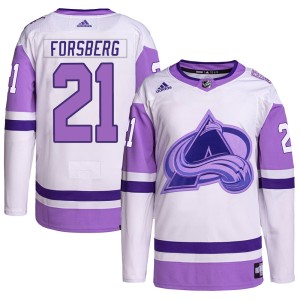 Peter Forsberg Youth Adidas Colorado Avalanche Authentic White/Purple Hockey Fights Cancer Primegreen Jersey