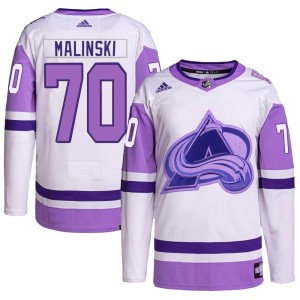 Sam Malinski Youth Adidas Colorado Avalanche Authentic White/Purple Hockey Fights Cancer Primegreen Jersey