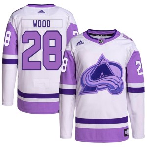 Miles Wood Youth Adidas Colorado Avalanche Authentic White/Purple Hockey Fights Cancer Primegreen Jersey