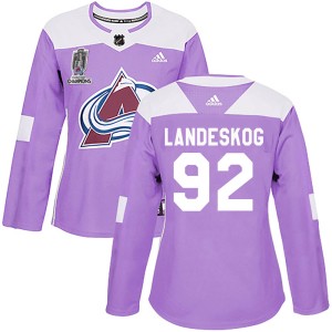 Gabriel Landeskog Women's Adidas Colorado Avalanche Authentic Purple Fights Cancer Practice 2022 Stanley Cup Champions Jersey