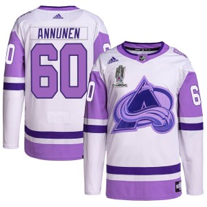 Justus Annunen Men's Adidas Colorado Avalanche Authentic White/Purple Hockey Fights Cancer 2022 Stanley Cup Champions Jersey