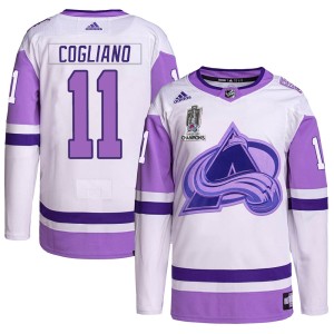 Andrew Cogliano Men's Adidas Colorado Avalanche Authentic White/Purple Hockey Fights Cancer 2022 Stanley Cup Champions Jersey