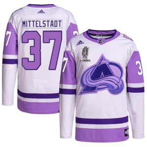 Casey Mittelstadt Men's Adidas Colorado Avalanche Authentic White/Purple Hockey Fights Cancer 2022 Stanley Cup Champions Jersey