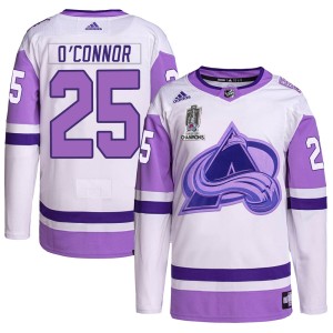 Logan O'Connor Men's Adidas Colorado Avalanche Authentic White/Purple Hockey Fights Cancer 2022 Stanley Cup Champions Jersey