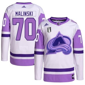 Sam Malinski Men's Adidas Colorado Avalanche Authentic White/Purple Hockey Fights Cancer Primegreen 2022 Stanley Cup Final Patch