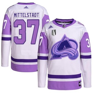 Casey Mittelstadt Men's Adidas Colorado Avalanche Authentic White/Purple Hockey Fights Cancer Primegreen 2022 Stanley Cup Final 