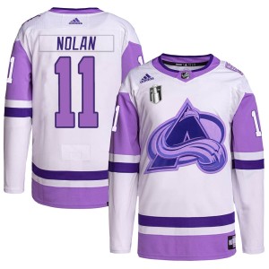 Owen Nolan Men's Adidas Colorado Avalanche Authentic White/Purple Hockey Fights Cancer Primegreen 2022 Stanley Cup Final Patch J