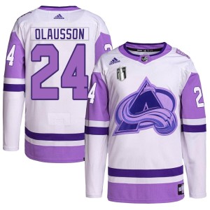 Oskar Olausson Men's Adidas Colorado Avalanche Authentic White/Purple Hockey Fights Cancer Primegreen 2022 Stanley Cup Final Pat