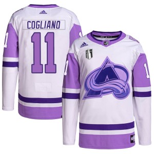 Andrew Cogliano Youth Adidas Colorado Avalanche Authentic White/Purple Hockey Fights Cancer Primegreen 2022 Stanley Cup Final Pa