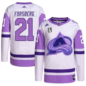 Peter Forsberg Youth Adidas Colorado Avalanche Authentic White/Purple Hockey Fights Cancer Primegreen 2022 Stanley Cup Final Pat