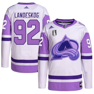 Gabriel Landeskog Youth Adidas Colorado Avalanche Authentic White/Purple Hockey Fights Cancer Primegreen 2022 Stanley Cup Final 