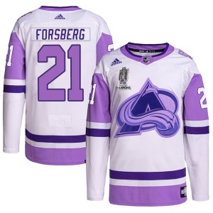 Peter Forsberg Youth Adidas Colorado Avalanche Authentic White/Purple Hockey Fights Cancer 2022 Stanley Cup Champions Jersey