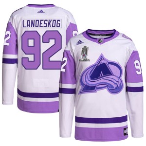 Gabriel Landeskog Youth Adidas Colorado Avalanche Authentic White/Purple Hockey Fights Cancer 2022 Stanley Cup Champions Jersey