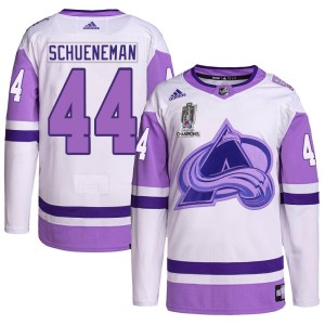 Corey Schueneman Youth Adidas Colorado Avalanche Authentic White/Purple Hockey Fights Cancer 2022 Stanley Cup Champions Jersey